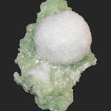 Mesolite &amp; prehnite
Prospect Park Quarry, Prospect Park, Passaic County, New Jersey, USA
15.5 x 9.9 cm
A 6.7 cm mesolite sphere on prehnite, formerly in the U.S. National Museum, and pictured on p.178 of the May-June 1978 issue of the Mineralogical Record. (Author: Frank Imbriacco)