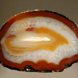 Chalcedony var. agate
Rio Grande do Sul, Brazil
7.0 x 12.0 cm.
A colorful example of a Brazilian agate. (Author: crosstimber)