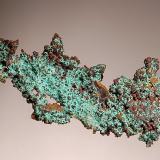 Copper
Oumjrane Mine, Alnif, Tarhbalt, Er Rachidia Province, Morocco
3.5 x 8.0 cm.
An elongated plate of native copper with small octahedral crystals and a light coating of green malachite. (Author: crosstimber)