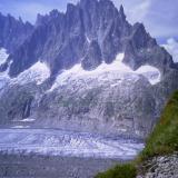 Just one more photo then - from the path down from the Courvercle Hut to the Mer de Glace, looking across to the ’Chamonix Aiguilles’.
Photo scanned from slide. (Author: Mike Wood)