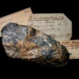 Ullmannite, siderite
Bautenberg mine, Wilden, Siegerland, Northrhine-Westphalia, Germany
9 x 6 cm
One of the specimens collected by J.C. Ullmann in 1810 with original handwritten label. (Author: Andreas Gerstenberg)