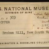 Copper
Broken Hill mines, Broken Hill, Yancowinna Co., New South Wales, Australia
5.5 x 6.0 cm
Smithsonian label for copper. (Author: crosstimber)