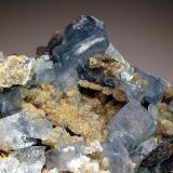 Celestine
Meckley Quarry, Mandata, Northumberland Co., Pennsylvania, USA
Overall size 7.0 x 9.0, FOV~5.5 cm
Blocky blue celestine crystals on druzy quartz lining cavities in light brown limestone. (Author: crosstimber)